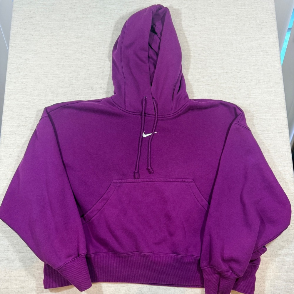 Nike Hoodie Women Medium Purple Good Cropped Oversized Fleece Swoosh Sweatshirt
